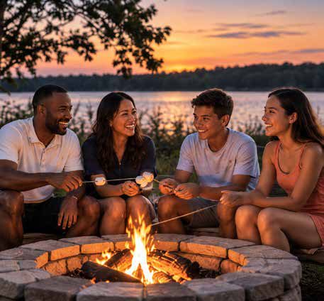 Friends around a lakeside fire pit