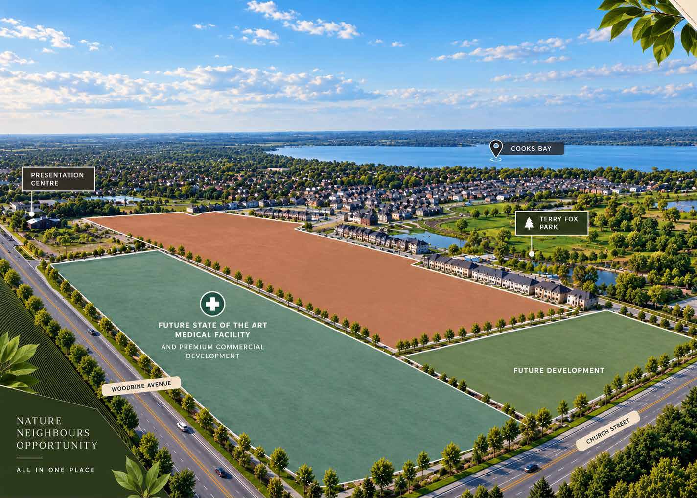 Aerial view of the Liora community at Woodbine Avenue and Church Street, with the future medical facility, Terry Fox Park and Cook's Bay