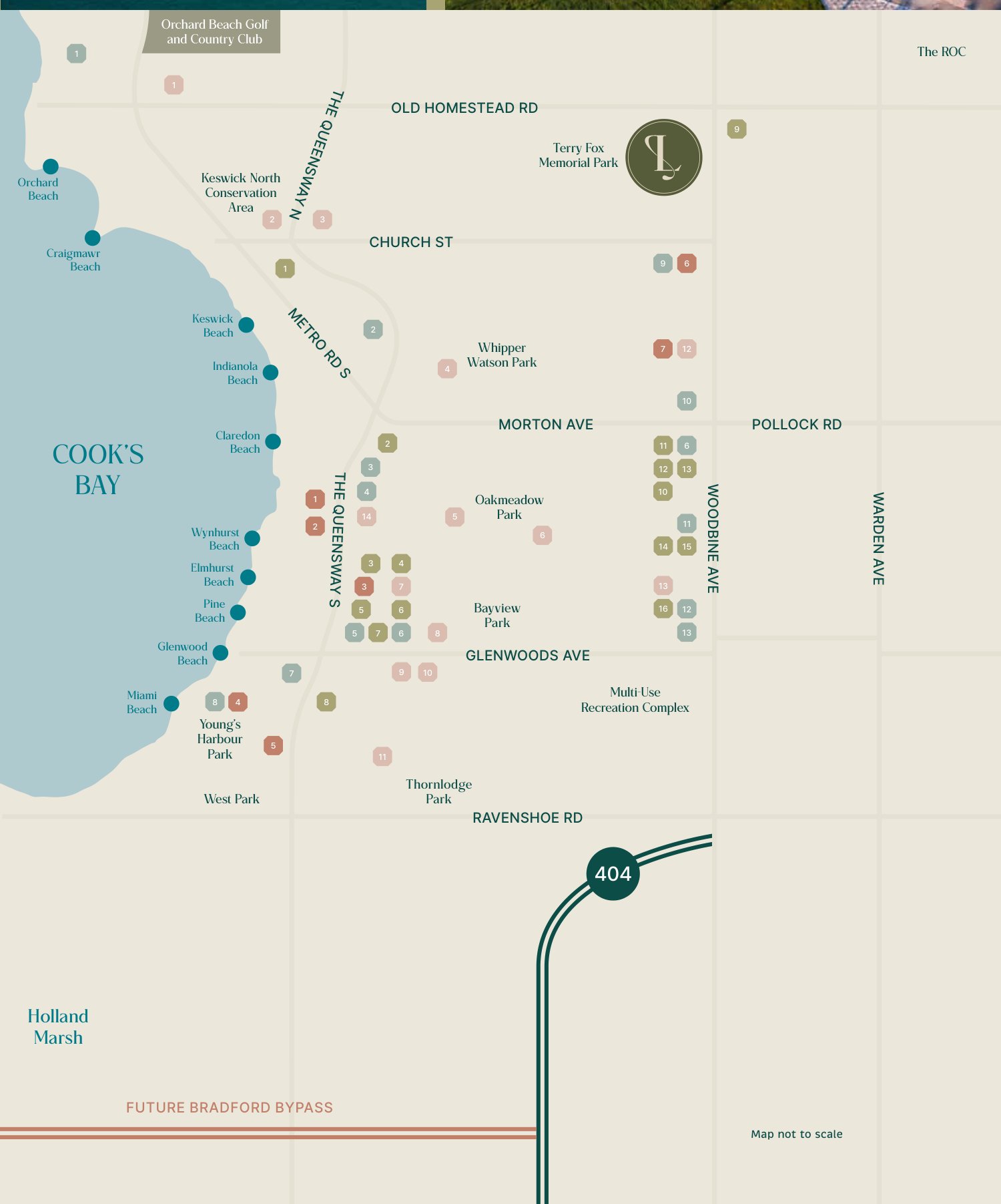 Map of Keswick showing beaches on Cook's Bay, parks, schools, shopping and the Liora site