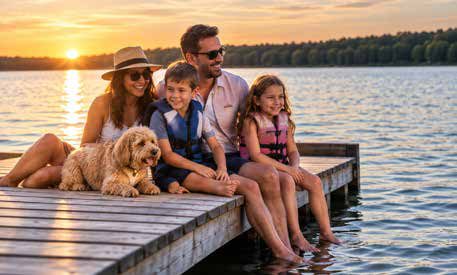 Family on a dock at sunset