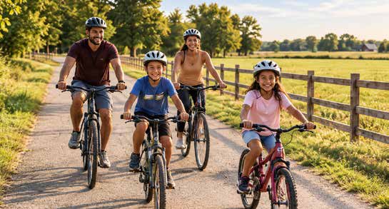 Family cycling on a country road