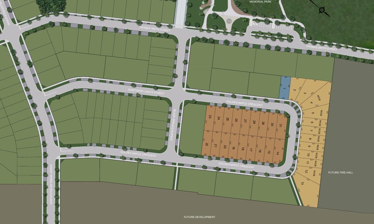 Bungalow site plan showing the Atessa, Savena and Morena lots near Terry Fox Memorial Park