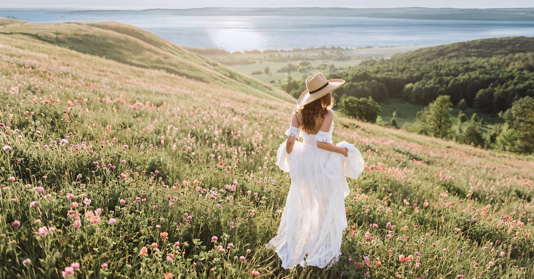 Wildflower meadow overlooking Cook's Bay at golden hour